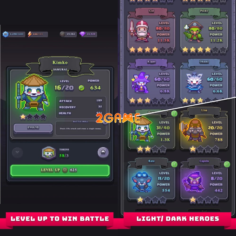 Chiêu mộ các anh hùng pixel mạnh mẽ trong game  Puzzle Heroes: RPG Match Quest